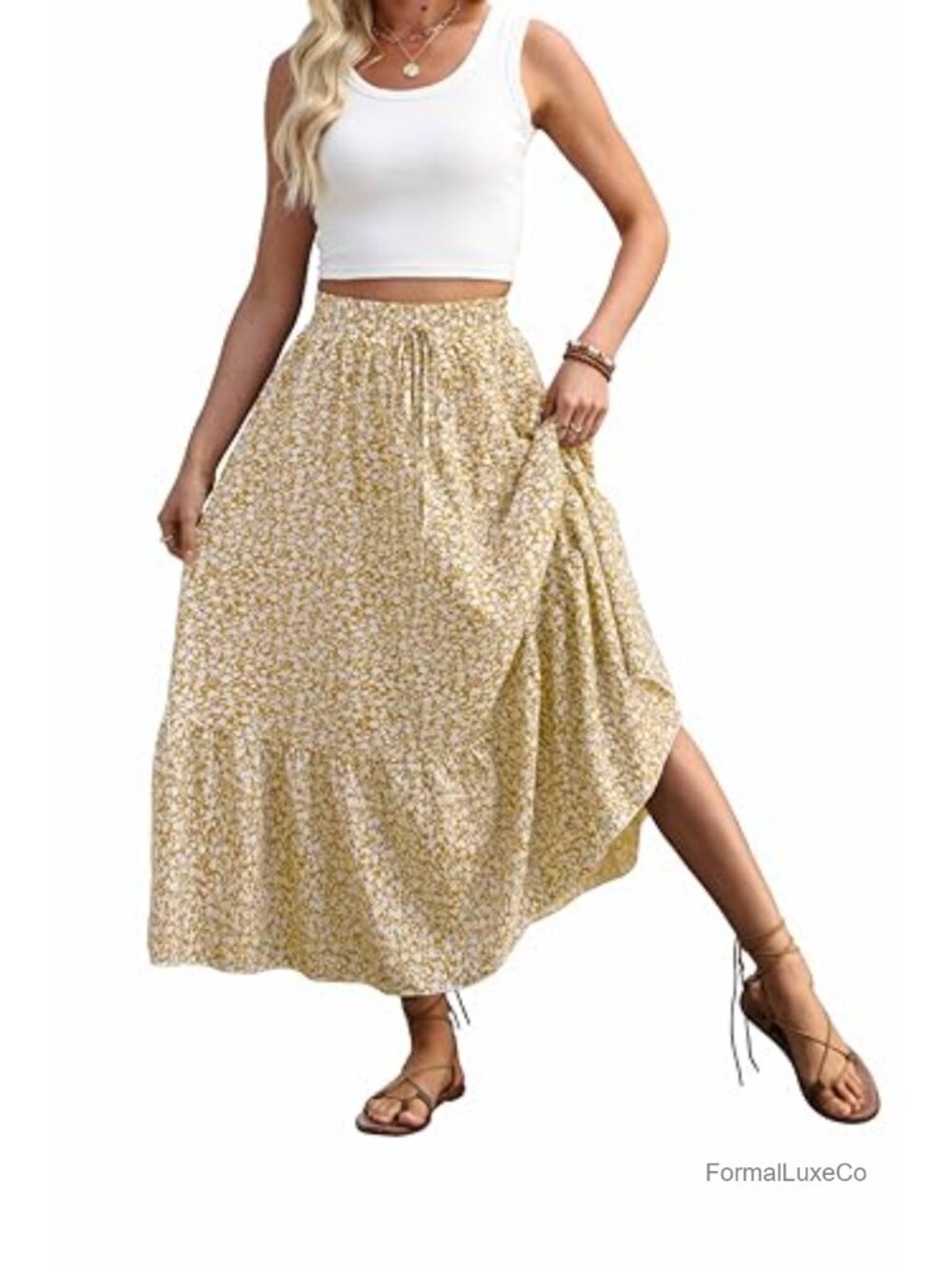 High Waisted Pleated Maxi Skirt Flowy Elastic Waist Casual Beach Long Skirts